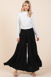 Mittoshop Women's Smocked Waist Wide Leg Tiered Pants - Elegant Crepe Fabric